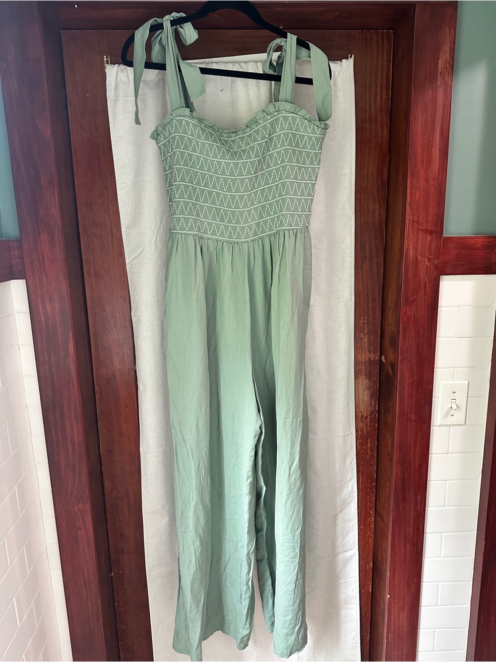 Francesca's Collections Sage Green Tie-Shoulder Smocked Jumpsuit
